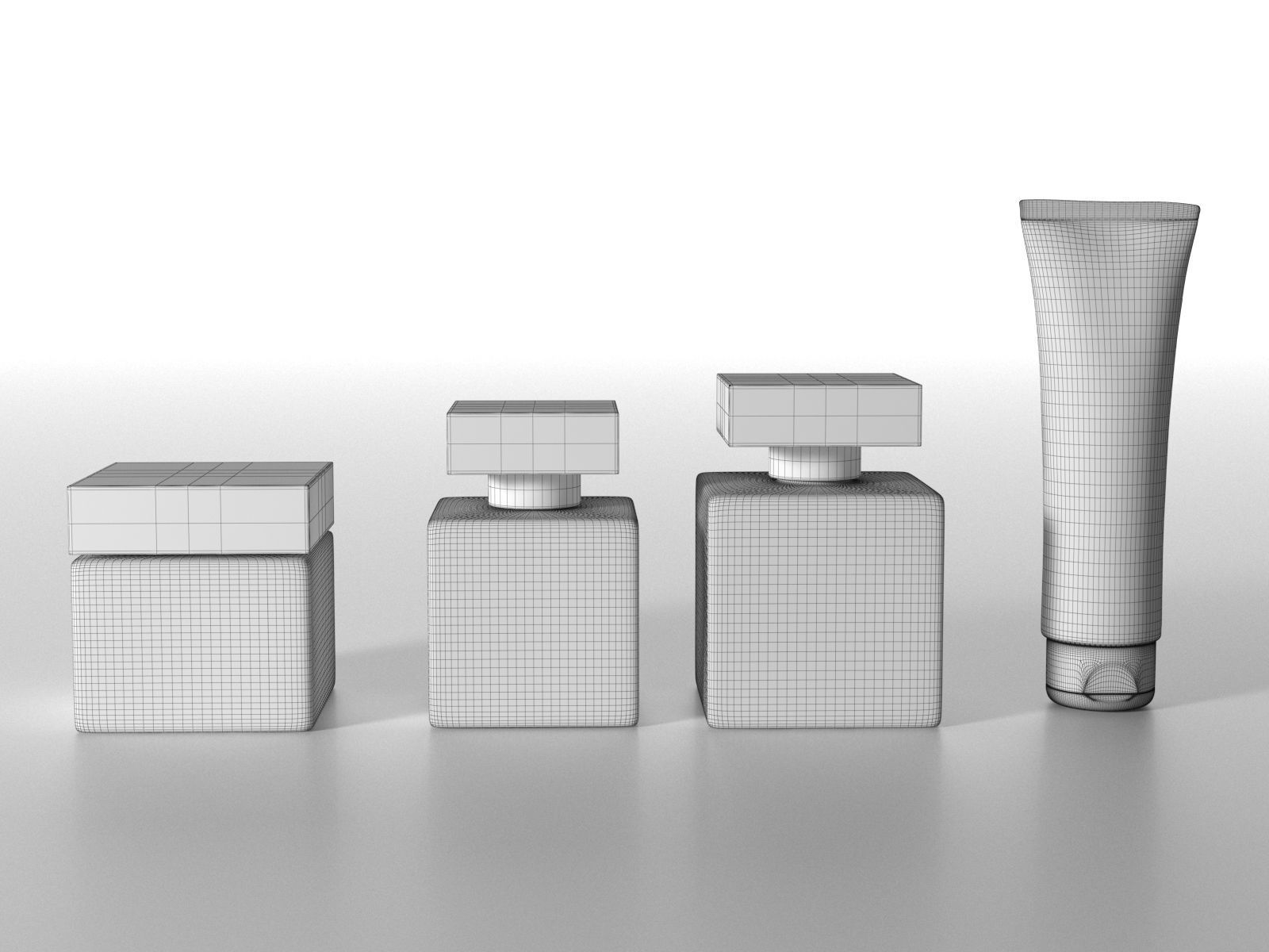 Fragrance Collection three bottles of perfume and tube of cream 3D model_1