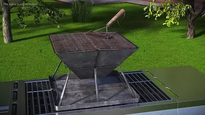 Dirty Foldable Grill with Grate and Cleaning Brush 3D model 2