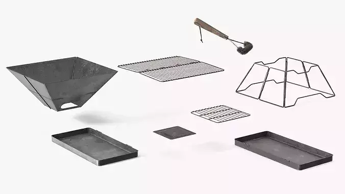 Dirty Foldable Grill with Grate and Cleaning Brush 3D model 5
