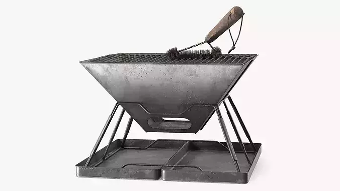 Dirty Foldable Grill with Grate and Cleaning Brush 3D model 3