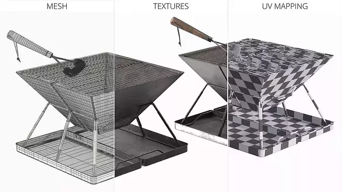 Dirty Foldable Grill with Grate and Cleaning Brush 3D model 7