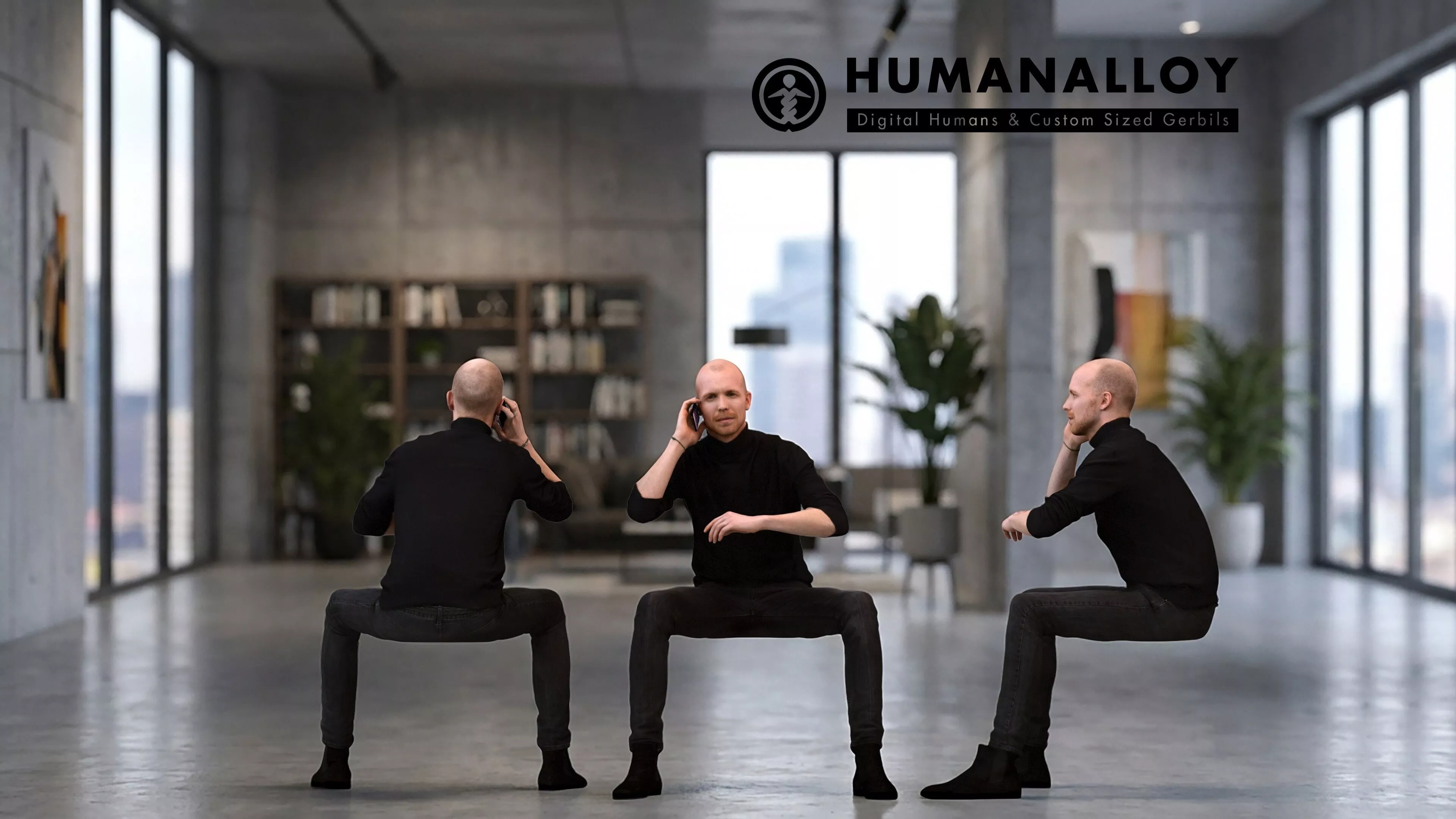 Adult Caucasian man making phone call in office wearing 3D model