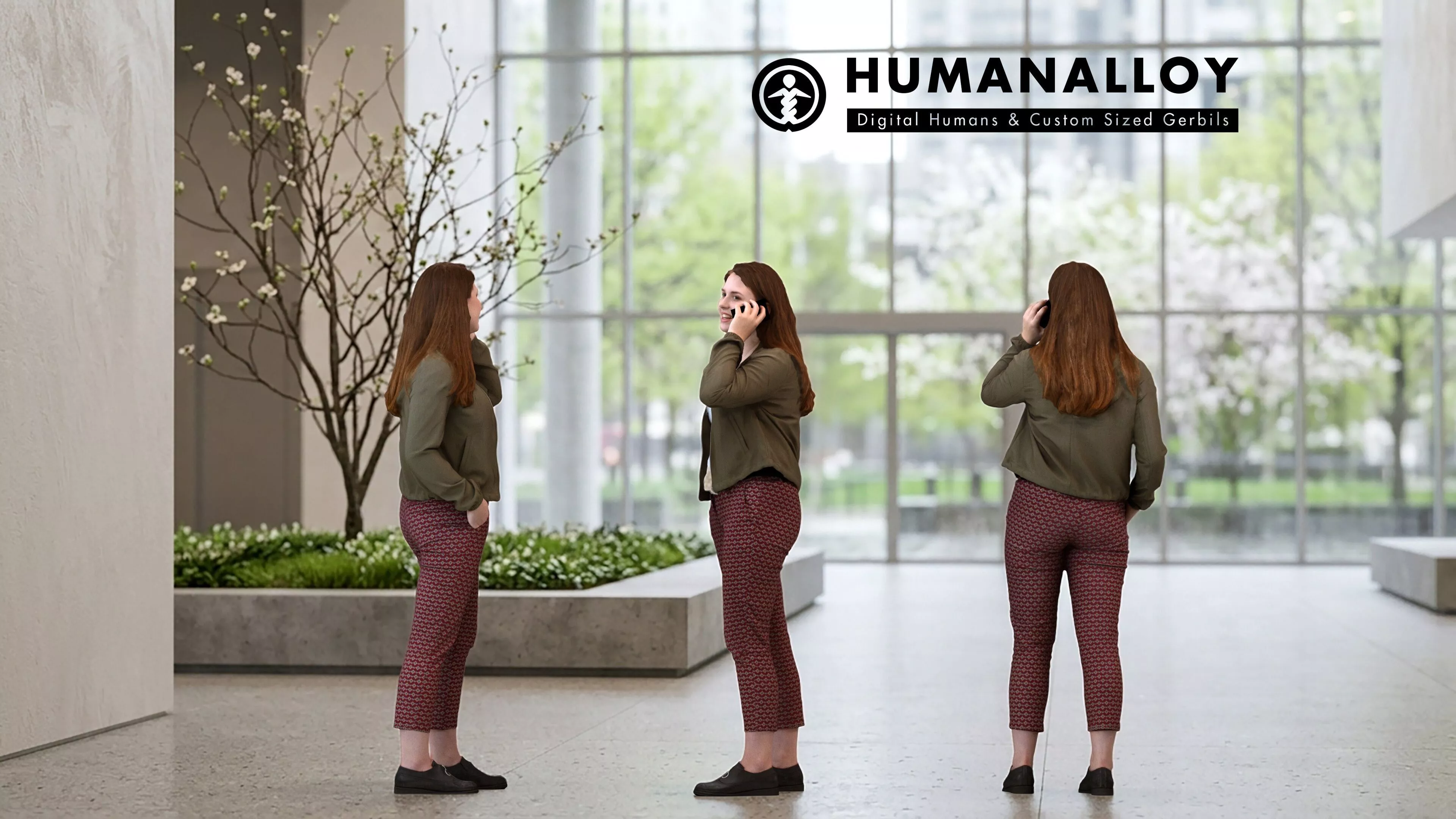 Adult Caucasian woman calling with smartphone in transitional 3D model