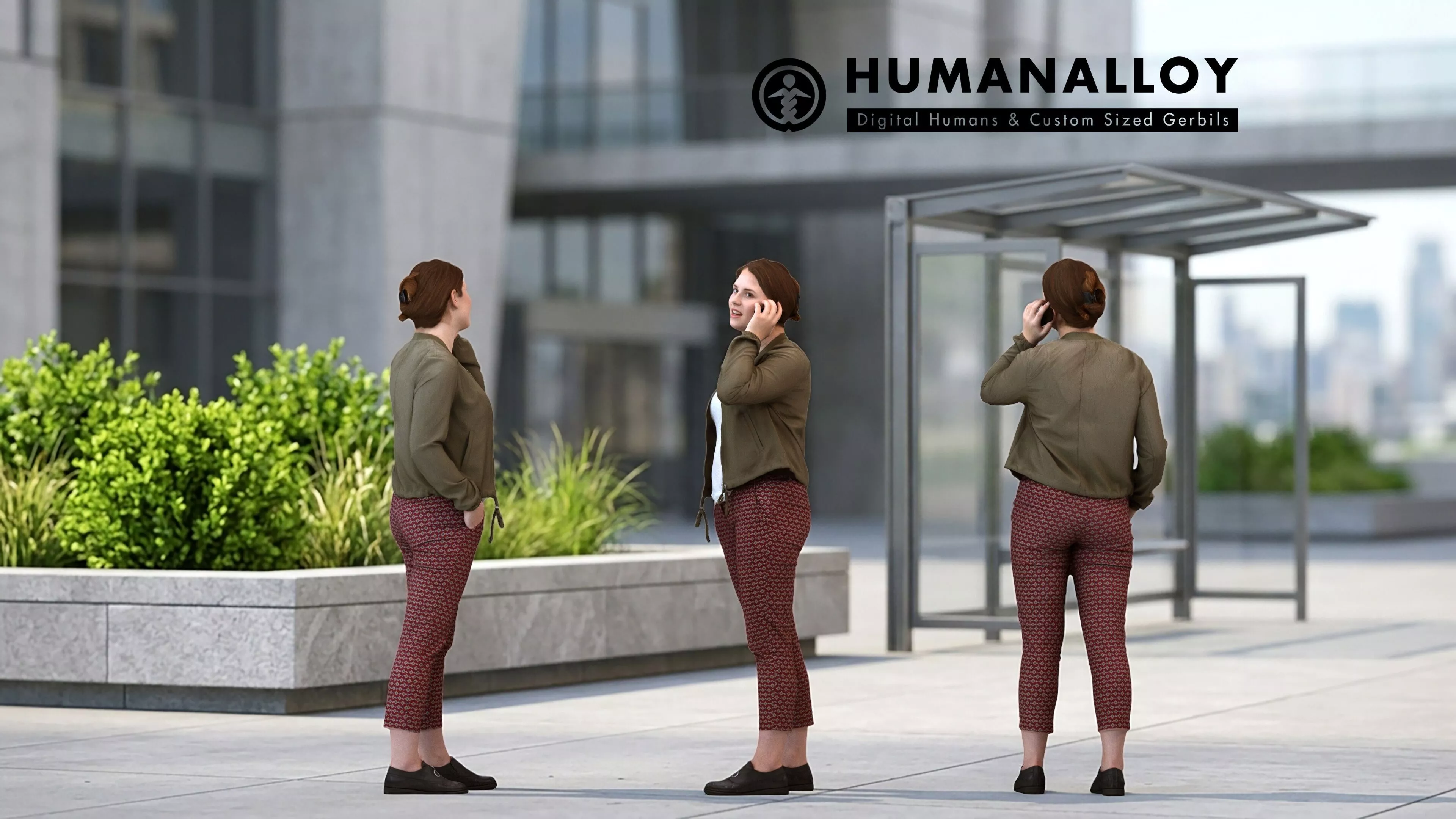 Adult Caucasian woman calling on smartphone in transitional 3D model