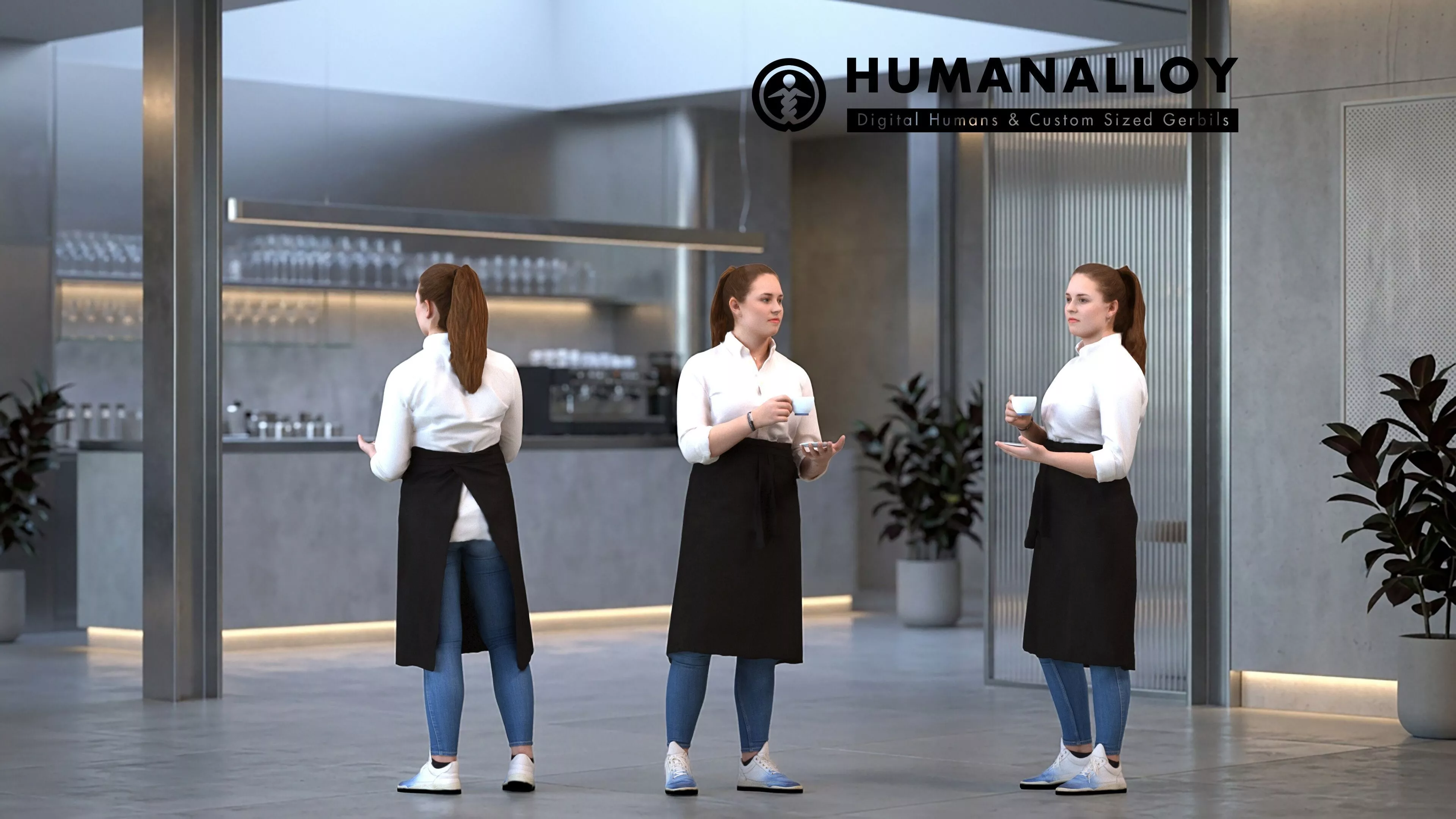 Adult Caucasian woman waiting in hospitality setting with 3D model