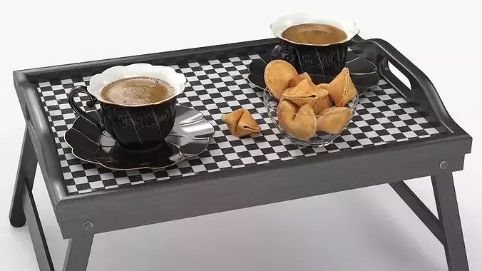 Folding Table Tray with Coffee in Porcelain Cups and Cookies 3D model