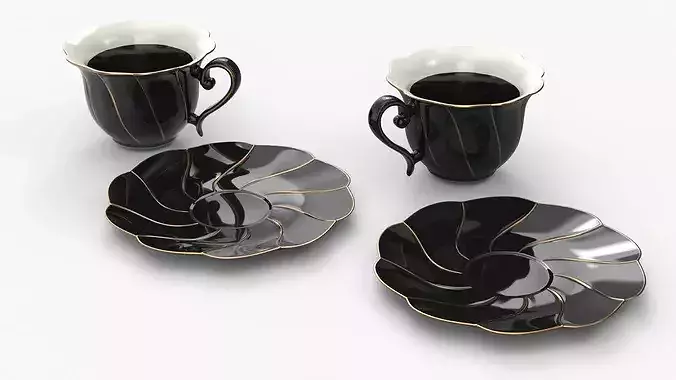 Folding Table Tray with Coffee in Porcelain Cups and Cookies 3D model 7