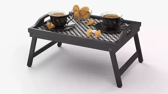 Folding Table Tray with Coffee in Porcelain Cups and Cookies 3D model 2