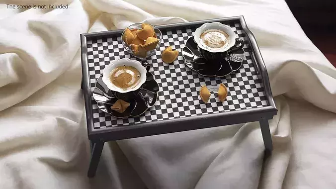 Folding Table Tray with Coffee in Porcelain Cups and Cookies 3D model 3