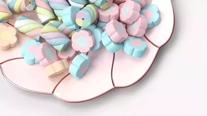 Porcelain Saucer with Colorful Marshmallows 3D model 3