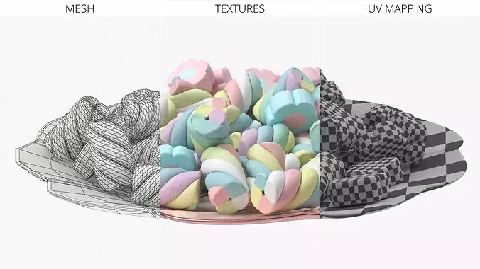 Porcelain Saucer with Colorful Marshmallows 3D model 6