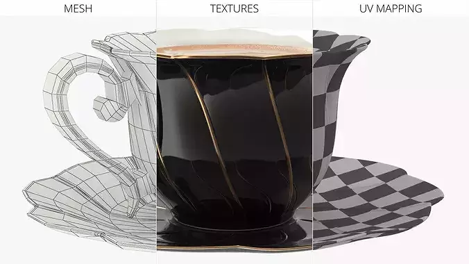Black Porcelain Latte Cup with Saucer 3D model 7