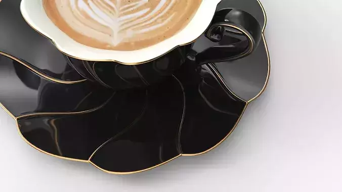 Black Porcelain Latte Cup with Saucer 3D model 4