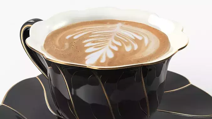 Black Porcelain Latte Cup with Saucer 3D model 5