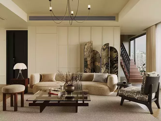 Wabi-sabi villa living room modern living room interior scenes 3D model