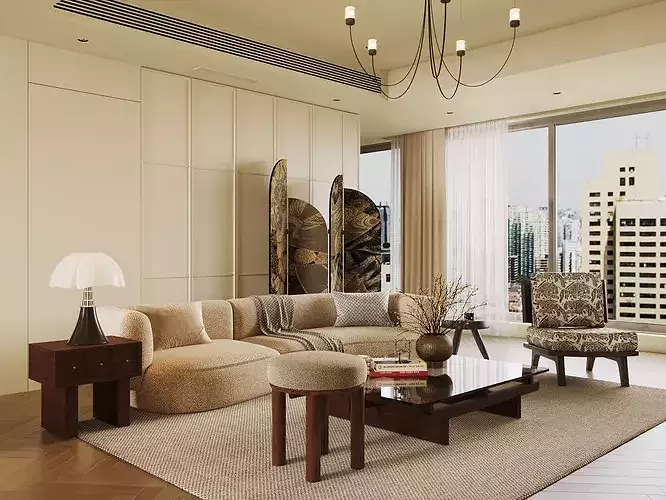 Wabi-sabi villa living room modern living room interior scenes 3D model 2