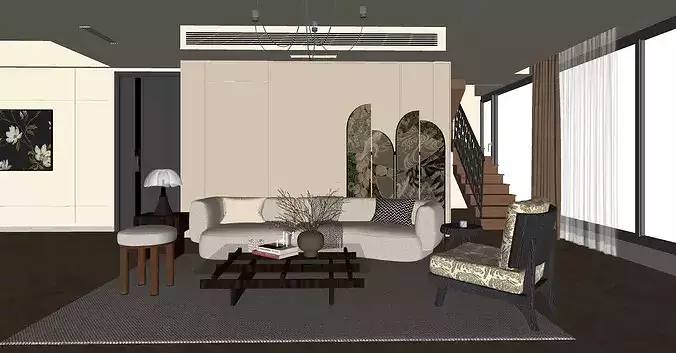Wabi-sabi villa living room modern living room interior scenes 3D model 7