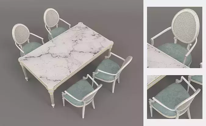 French Neoclassical Marble Dining Table with Cane Back Chairs 3D model 2