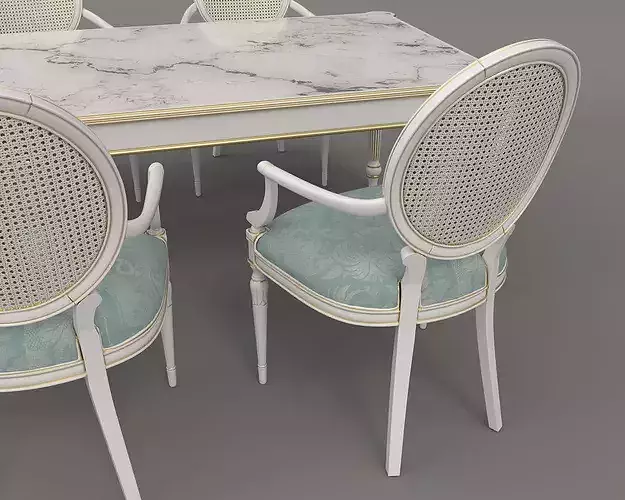 French Neoclassical Marble Dining Table with Cane Back Chairs 3D model 6