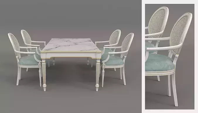 French Neoclassical Marble Dining Table with Cane Back Chairs 3D model 3