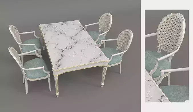 French Neoclassical Marble Dining Table with Cane Back Chairs 3D model 5