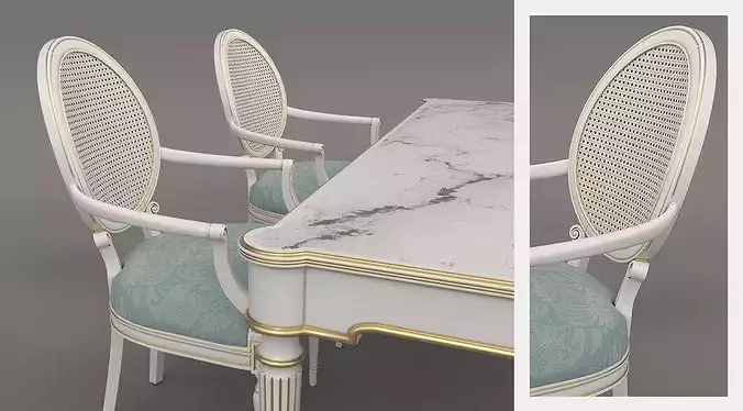 French Neoclassical Marble Dining Table with Cane Back Chairs 3D model 7