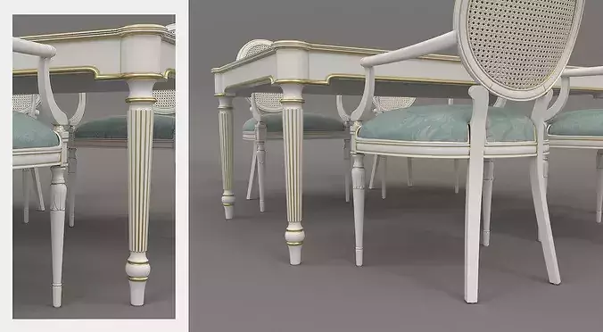 French Neoclassical Marble Dining Table with Cane Back Chairs 3D model 4