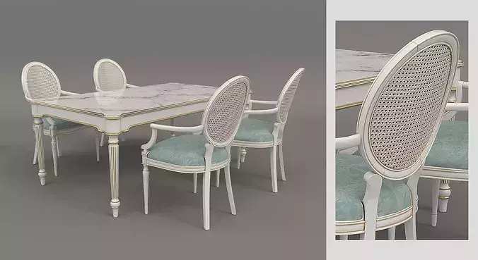French Neoclassical Marble Dining Table with Cane Back Chairs 3D model