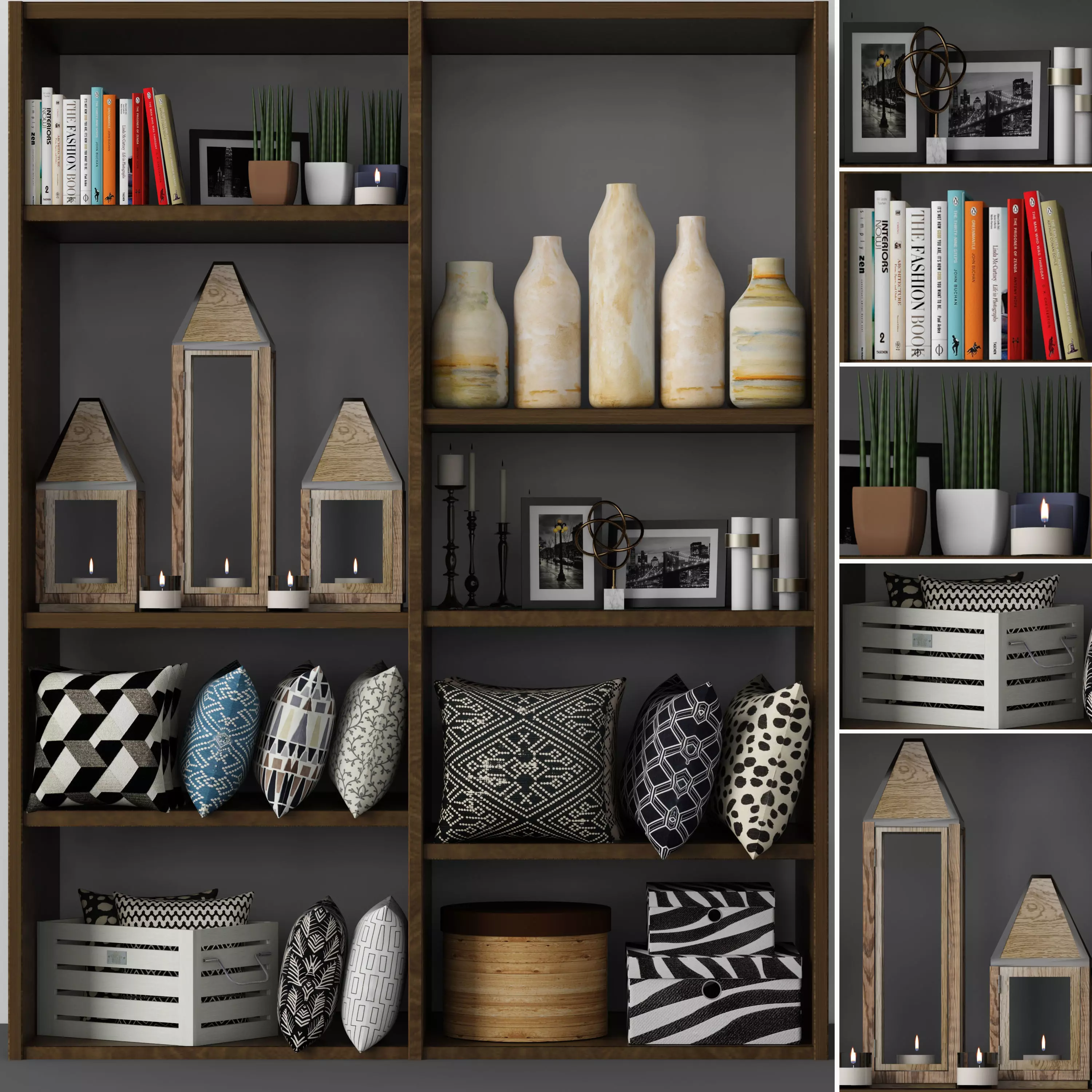 Decorative set - 9 living room with bookshelves and pillows 3D model_0