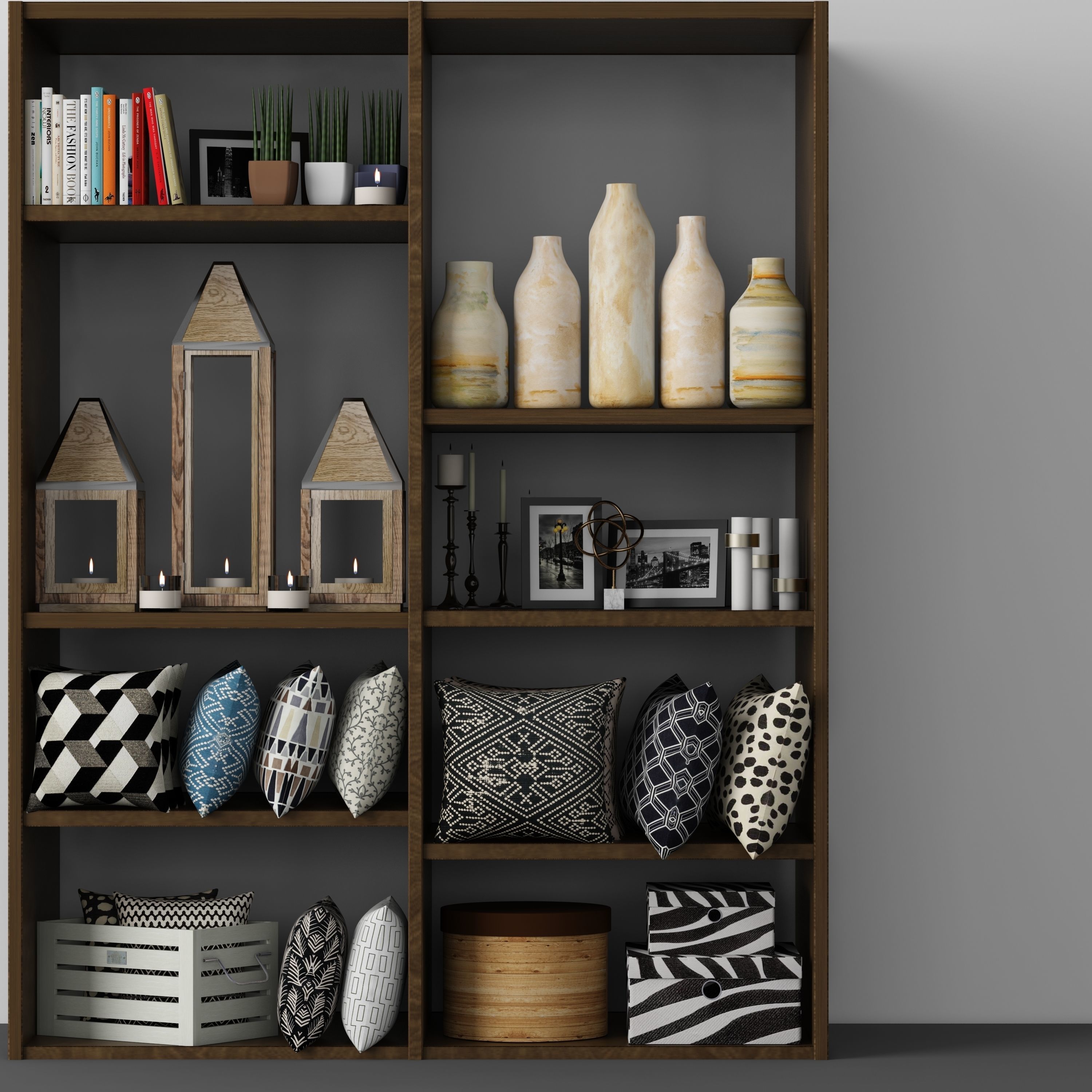Decorative set - 9 living room with bookshelves and pillows 3D model_1