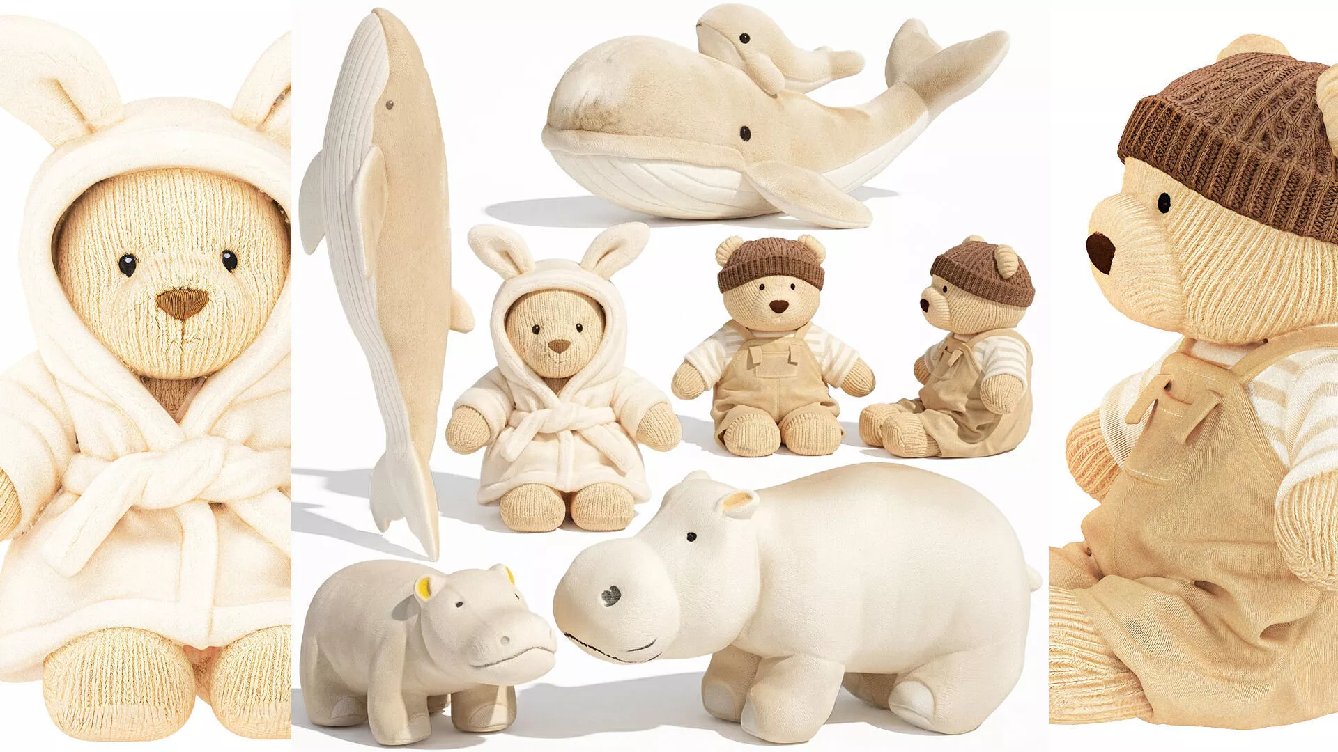 Soft plush toys teddy bear whale hippo fish marine 3D model