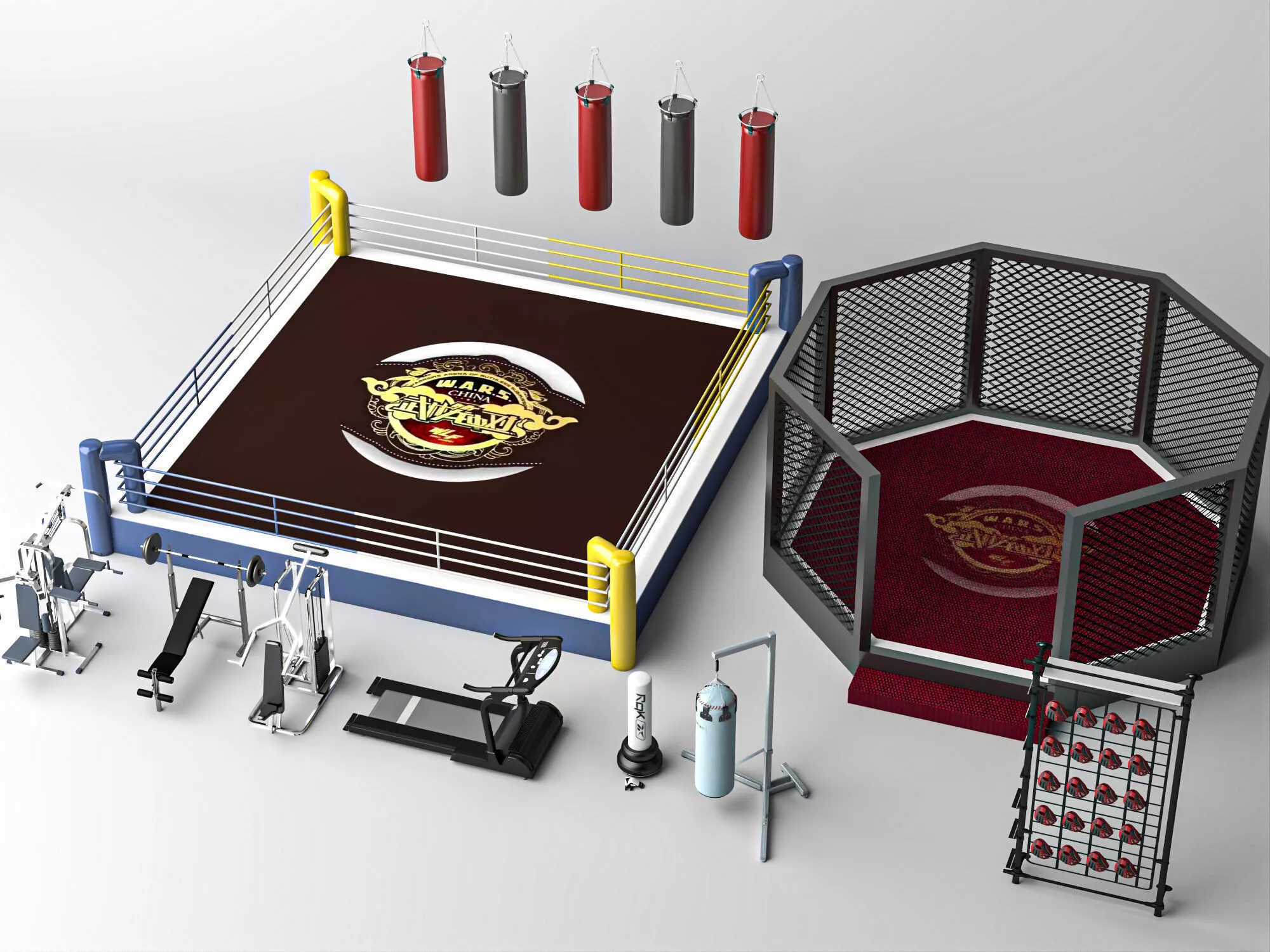 Boxing Ring and MMA Cage Gym Equipment 3D Model 3D model