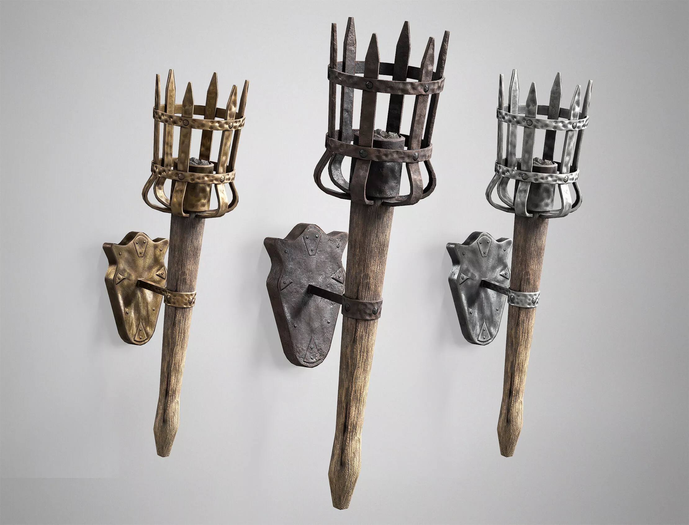 Medieval Wall Torch - Iron Torch Lamp - 3 Colors AAA Gameready Low-poly 3D model