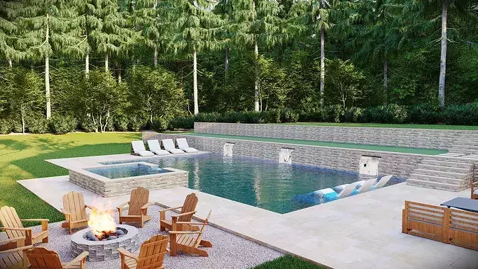 Luxury Backyard Pool  Outdoor Living Design 3D model 3