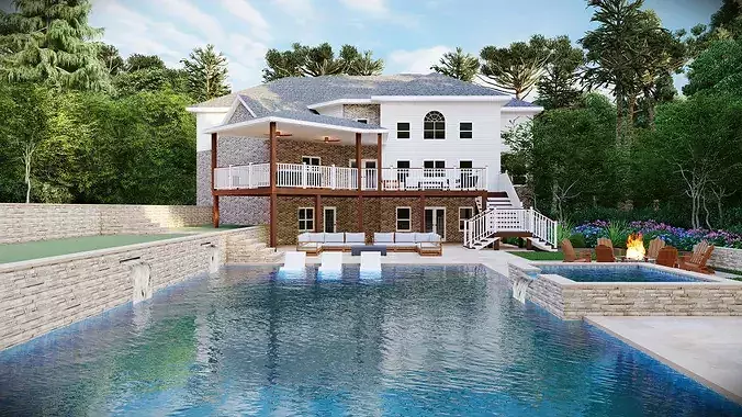Luxury Backyard Pool  Outdoor Living Design 3D model 2