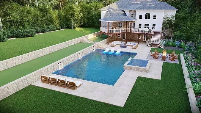 Luxury Backyard Pool Outdoor Living Design 3D model