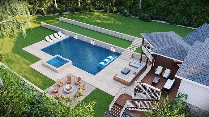 Luxury Backyard Pool  Outdoor Living Design 3D model 4