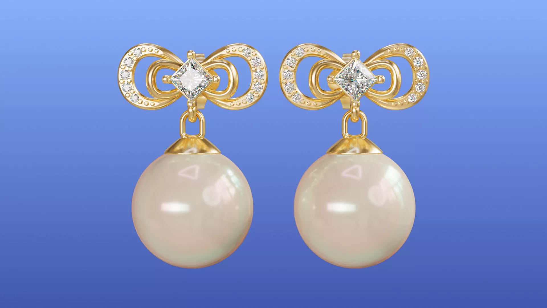 Ribbon Bow Pearl Drop Earrings Princess Cut Diamond Pearl 3D print model