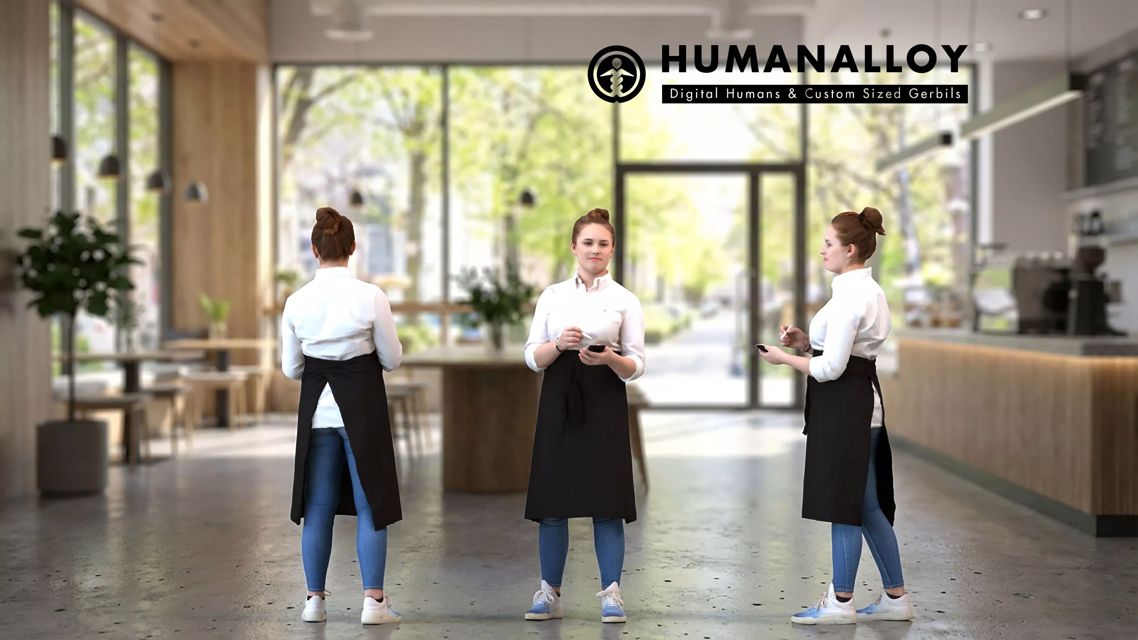 Adult Caucasian woman standing in hospitality setting holding 3D model