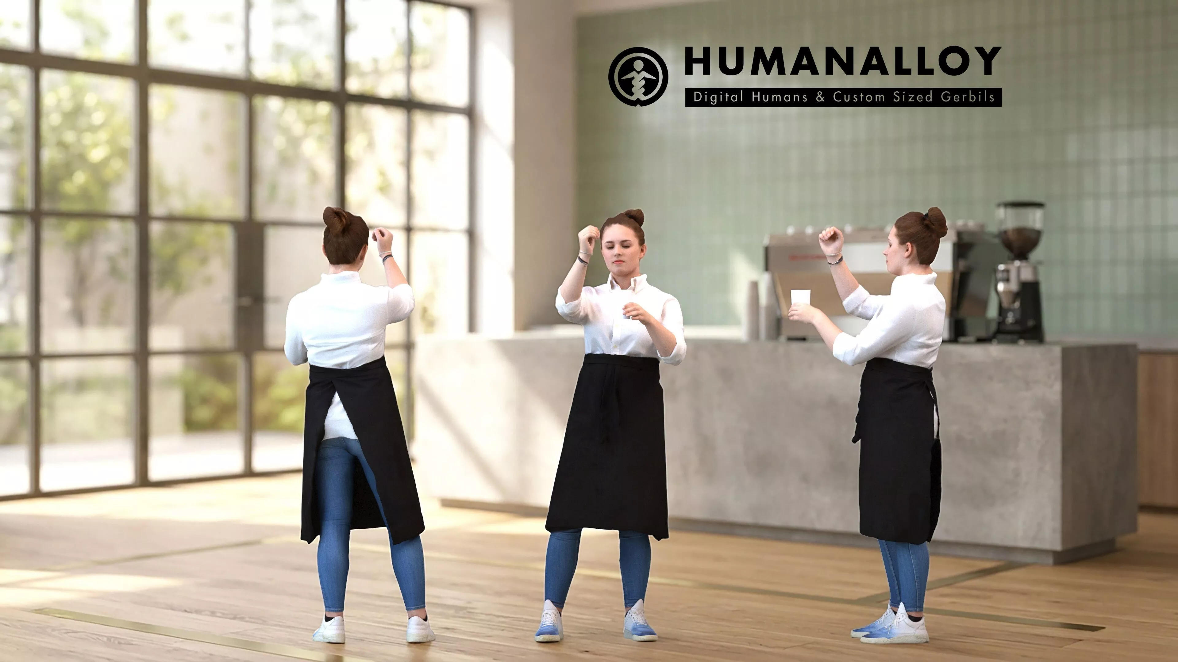 Adult Caucasian woman waiting in hospitality setting wearing 3D model