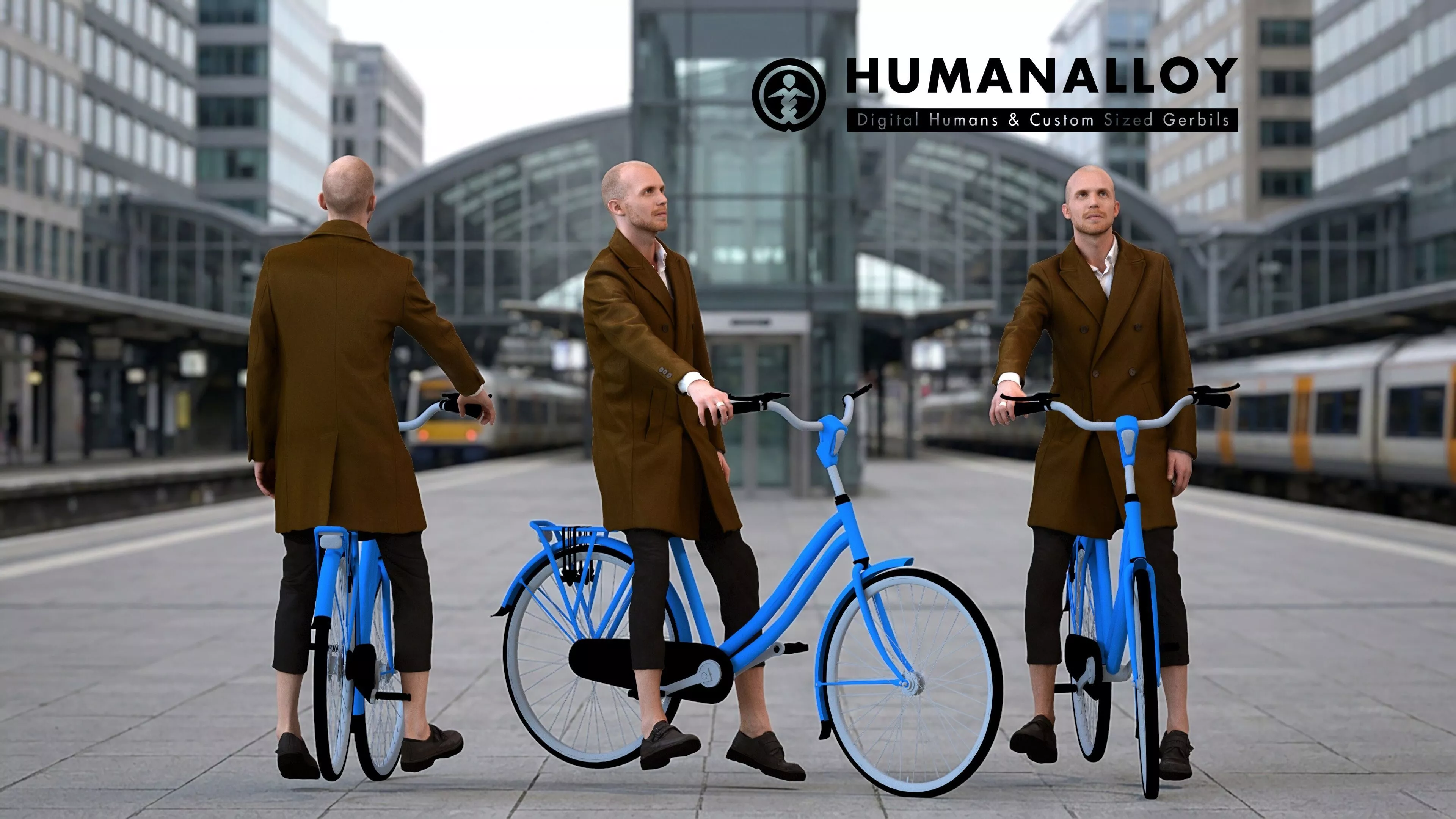 Adult Caucasian man commuting with bicycle in transitional 3D model