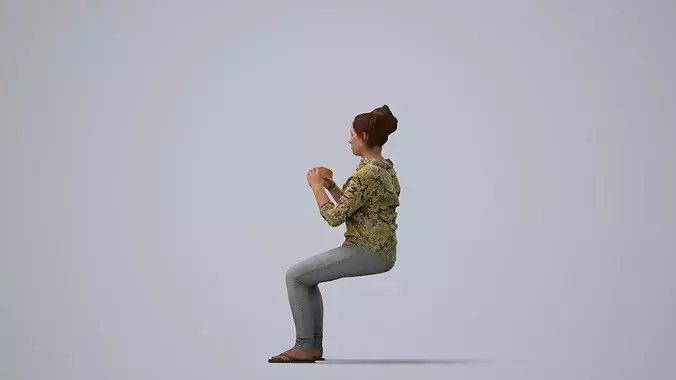 Adult Caucasian woman sitting casually eating at home in summer 3D model 3