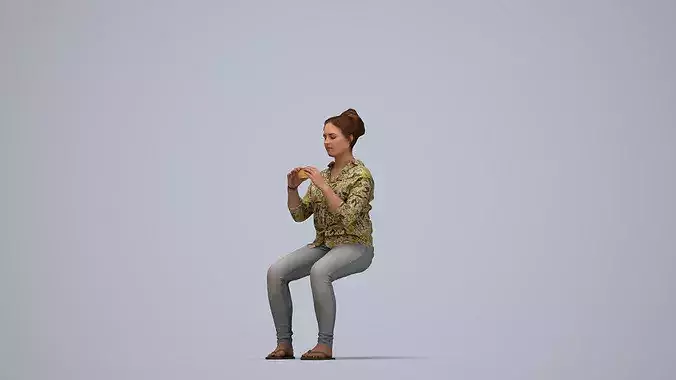 Adult Caucasian woman sitting casually eating at home in summer 3D model 7