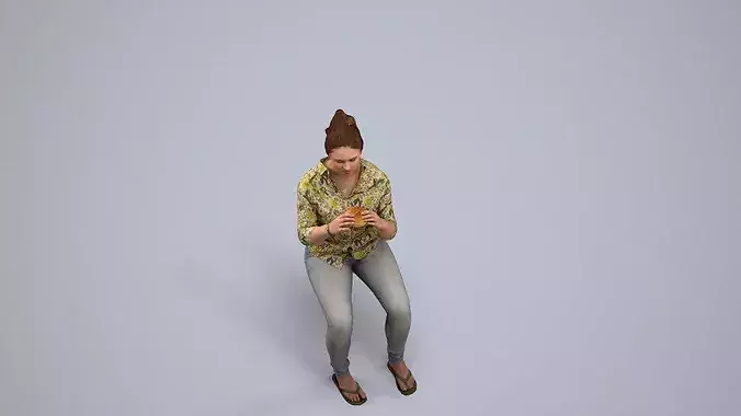 Adult Caucasian woman sitting casually eating at home in summer 3D model 6