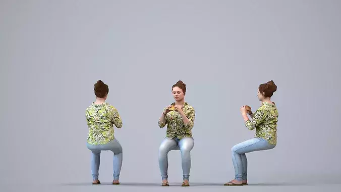 Adult Caucasian woman sitting casually eating at home in summer 3D model 2