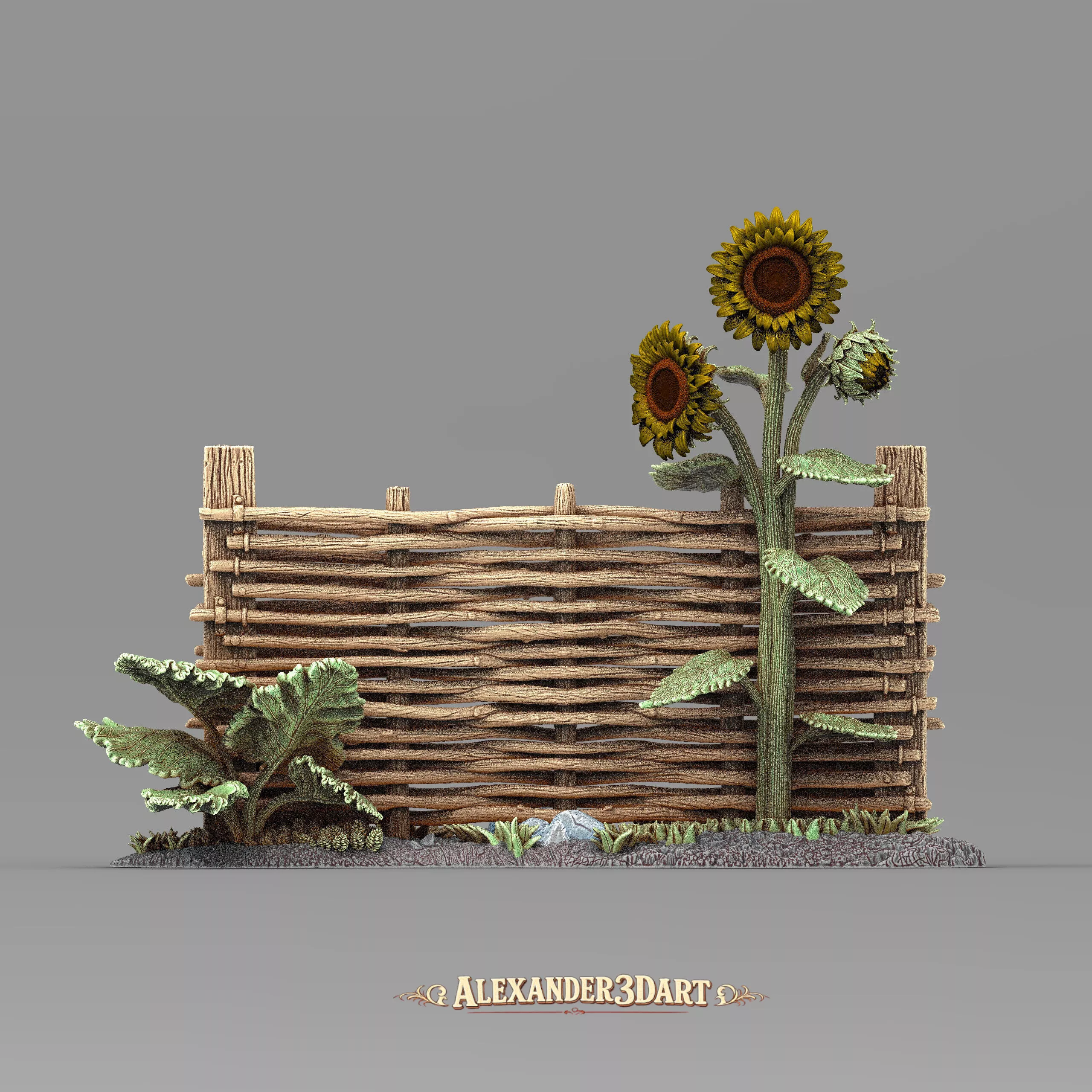 Rustic Wattle Fence with Sunflowers STL for 3D Printing 3D print model