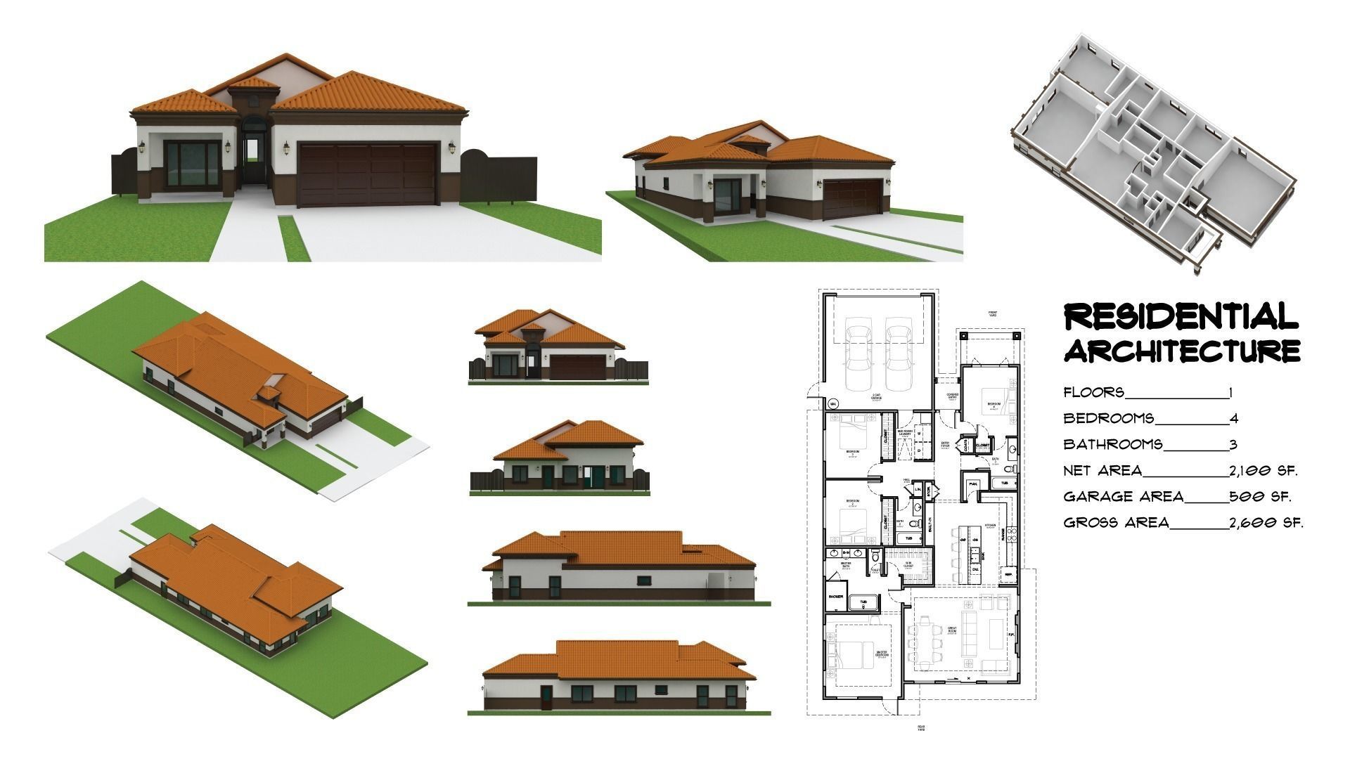 Residential 4 bed 3 bath 2 car garage  3D model_0