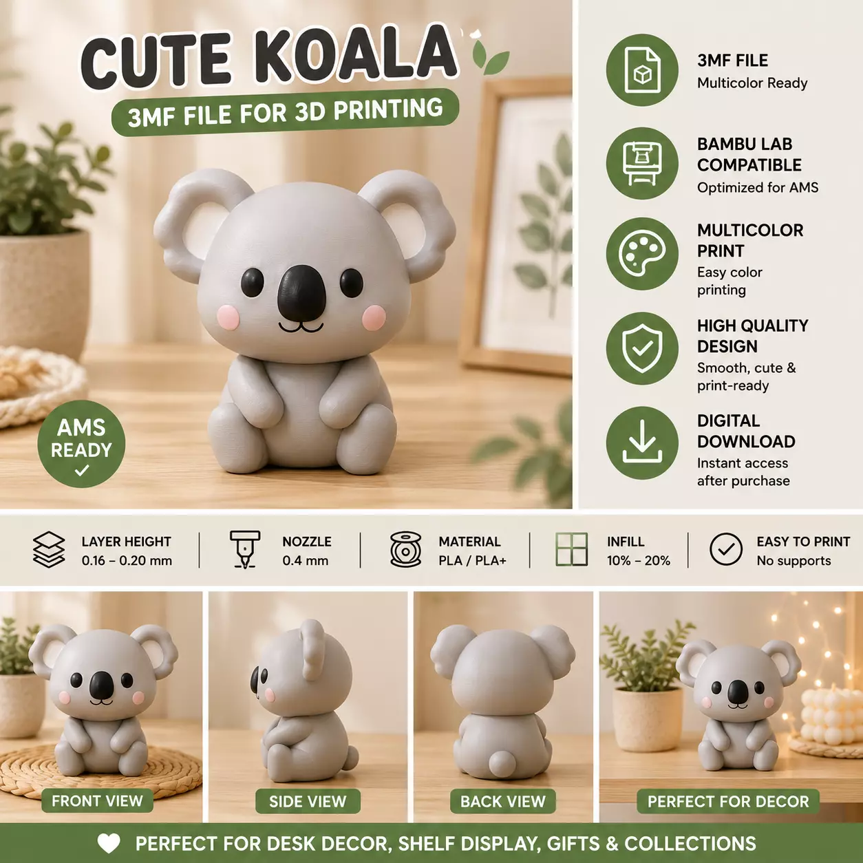 Koala Multicolor 3MF Bambu Lab AMS Ready 3D Printable Model 3D print model