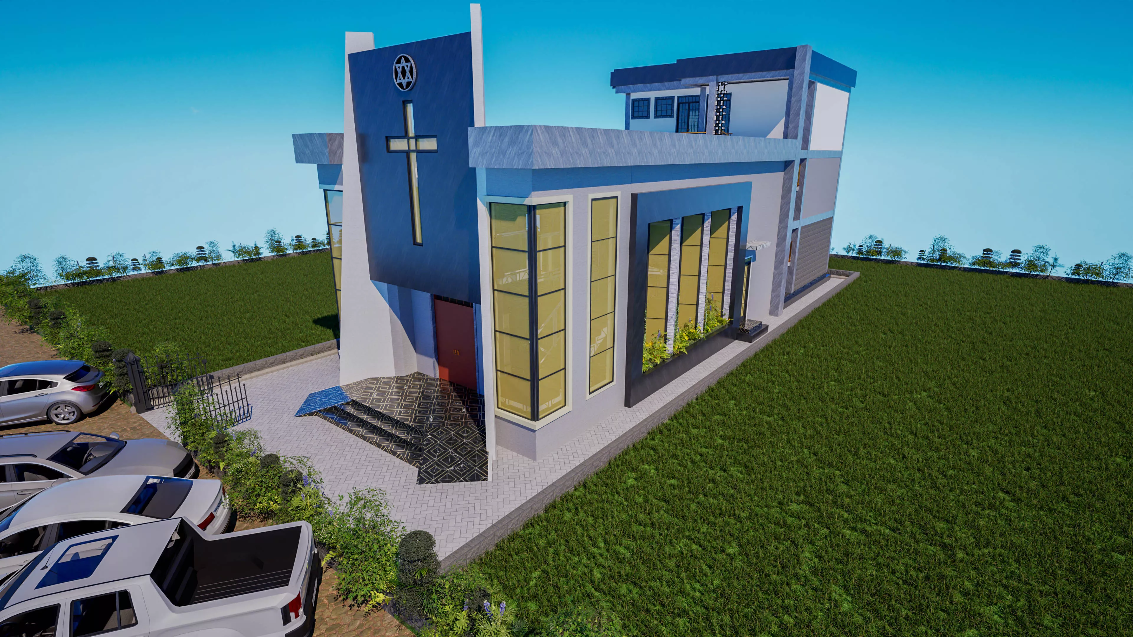 Modern Church Interior And Exterior with Administration Block Low-poly 3D model