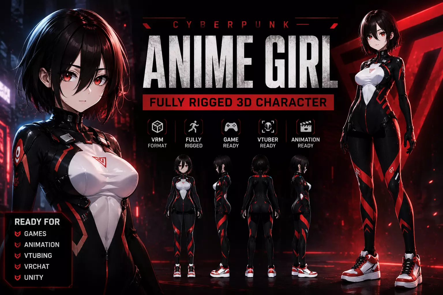 3D Cyberpunk Anime Girl Fully Rigged VRM Character Low-poly 3D model
